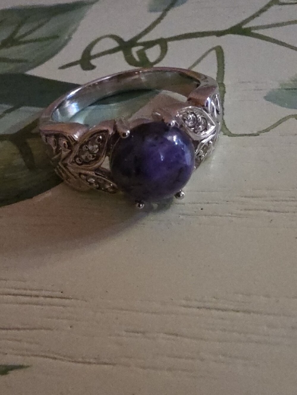 JTV Charoite White Zircon Rhodium Over Silver Ring Size 10 - Picture 9 of 9